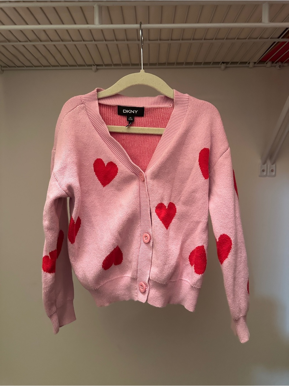 DKNY Girls Size 5-6 Pink Cardigan with Red Heart Motif